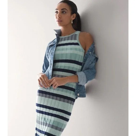 White House Black Market Midi Dress XL Tank Stretch Green Coastal Chevron Stripe - Picture 1 of 8